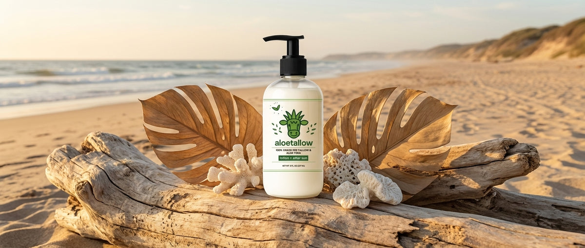 Aloetallow bottle on beach driftwood with tropical leaves, golden hour
