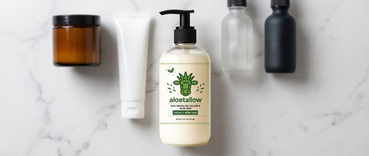 Aloetallow bottle compared to other tallow lotions on marble