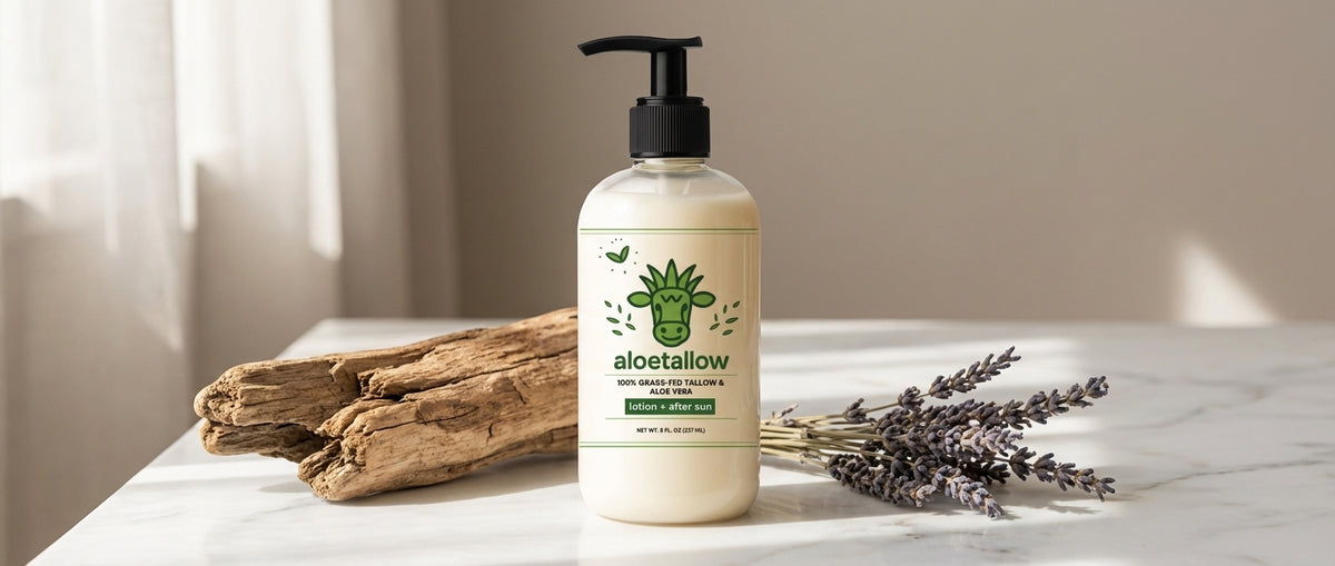 Aloetallow bottle on marble with driftwood and lavender