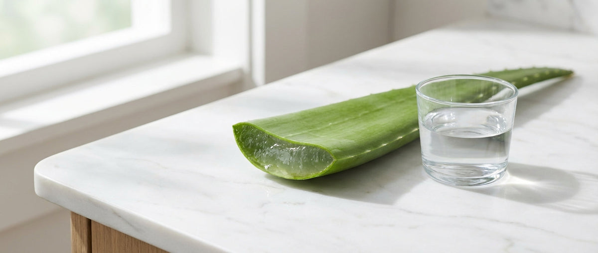 Aloe vera leaf sliced open showing clear gel on marble surface