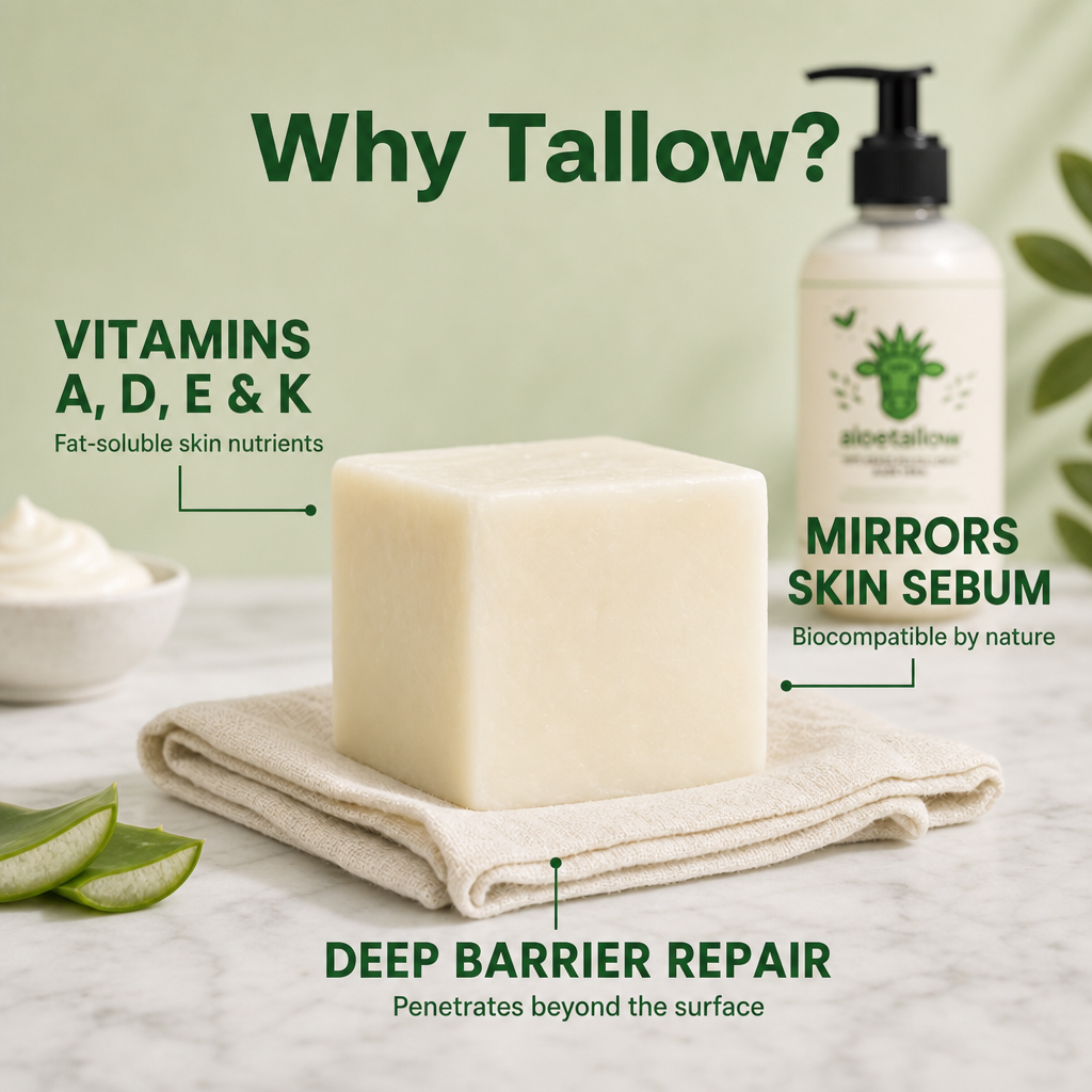 Why Tallow? Vitamins A D E K, mirrors skin sebum, deep barrier repair